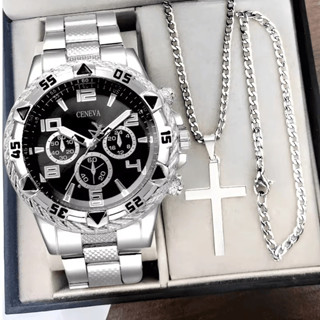 Kit Relógio Masculino Aço inox c/ Corrente + Pulseira e Pingente crucifixo em Oferta na Shopee