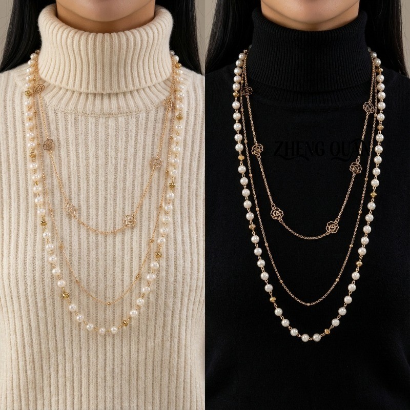 Estilo Francês Camélia Longo Pérola Colar Multi-Camada Camisola Corrente Ouro Flor Charme Jóias Para Senhora Do Escritór
