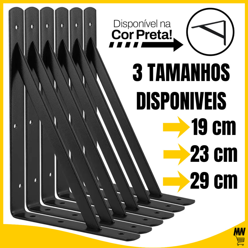 Kit 20 Suportes Mão Francesa Preta 29cm/23cm/19cm Canto Tábua Cantoneira Reforçada Envio Imediato