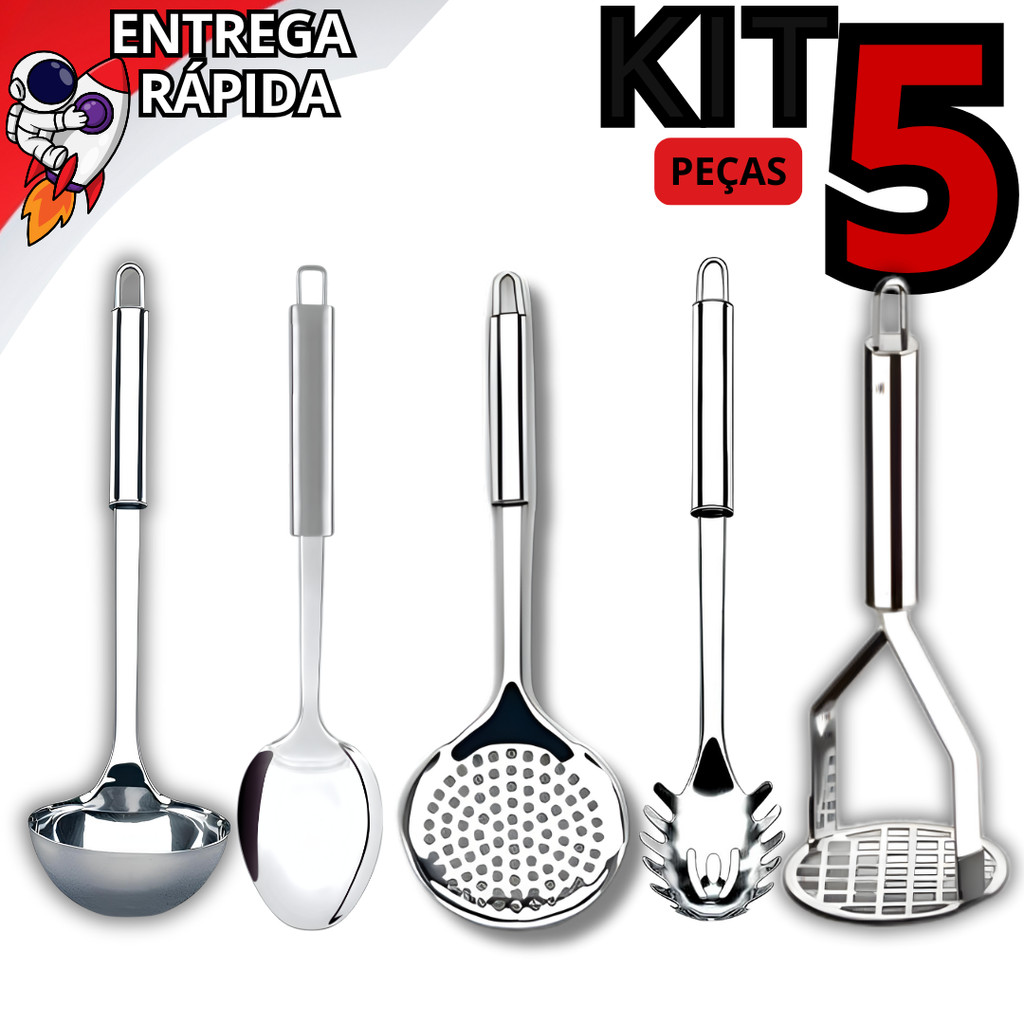 Kit 5 Pecas Utensilios De Cozinha Inox Escumadeira Concha Colher De Arroz Amassador E Colher De Massas em Oferta na Shopee