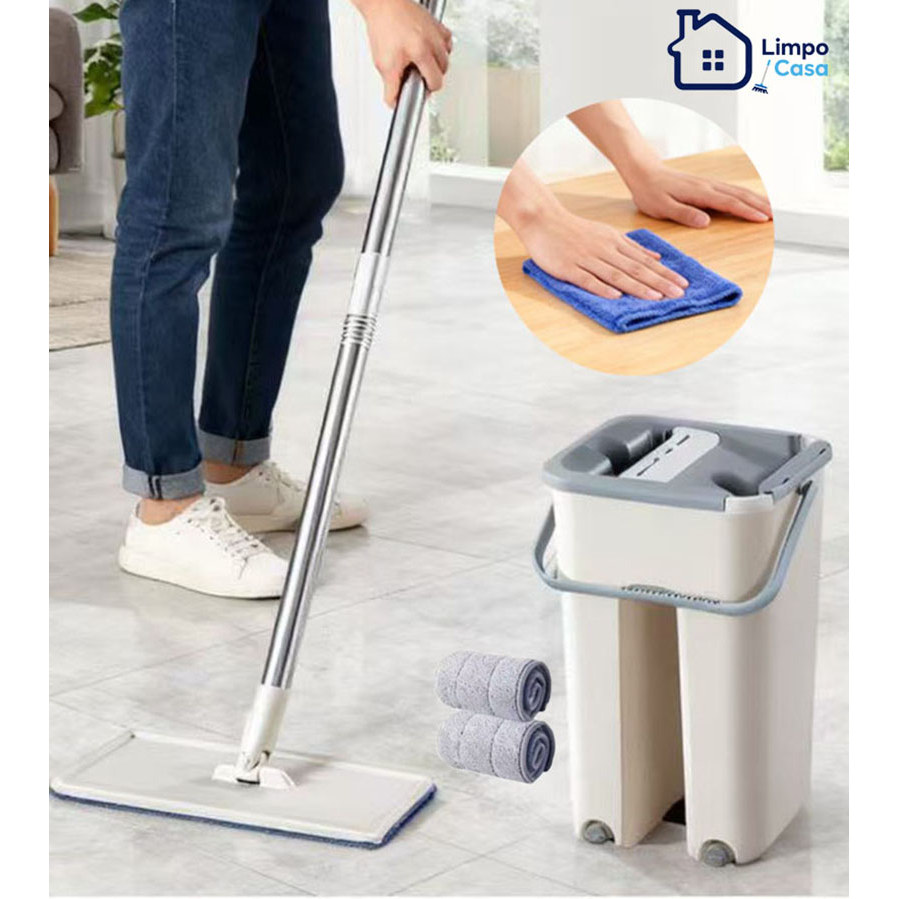 Esfregona plana com rodo e balde de limpeza,com Cabo Extensivel Inox，inclui 2 panos de reposição.
