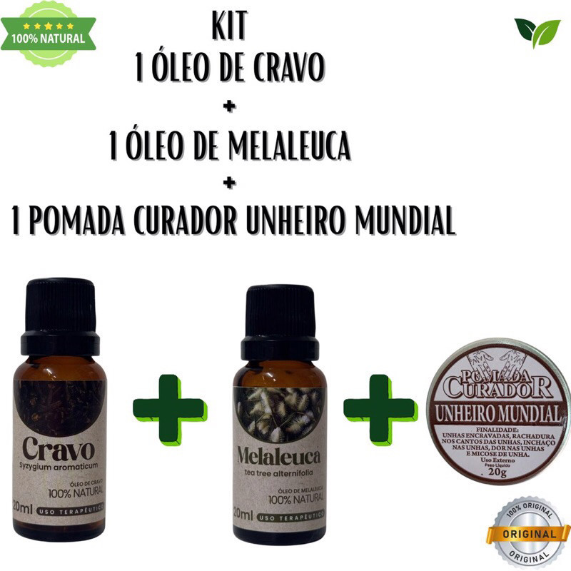 kit 1 oleo de melaleuca 20ml + 1 oleo de cravo 20ml + 1 pomada de unheiro 20 g