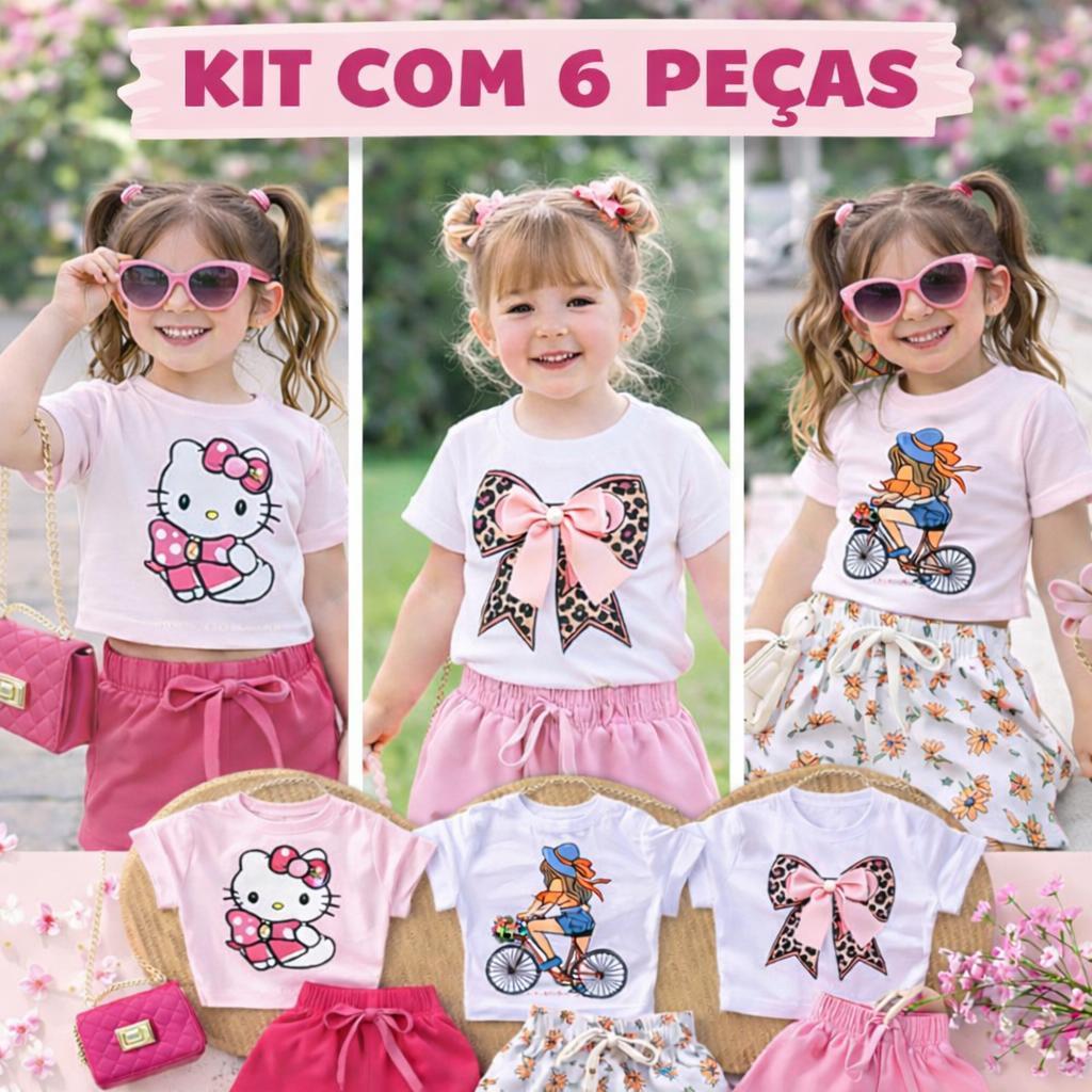 Kit Verão 6 peças infantil menina 2 a 10 anos | Kit de Conjunto Premium menina Blusa cropped estampados + short estiloso