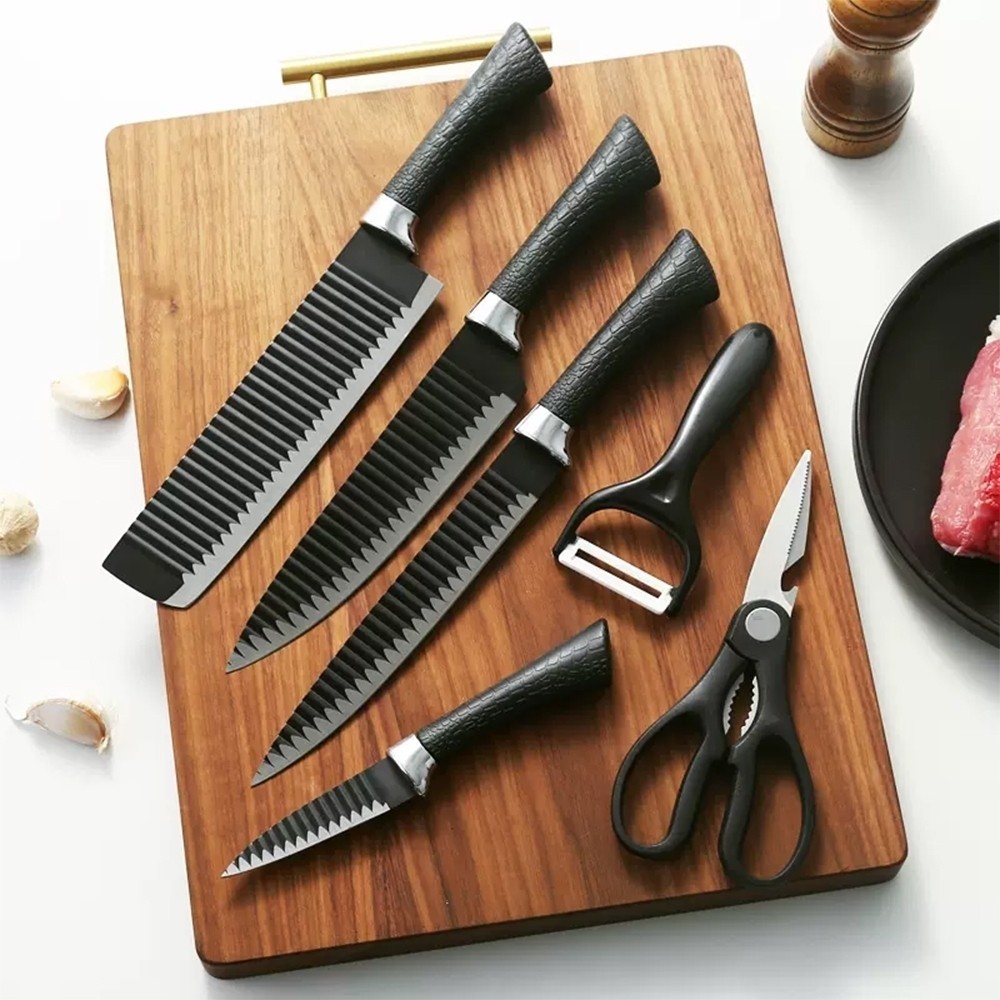 Kit de Conjunto Facas Coloridas/Pretos Tesoura Descascador Cozinha Gourmet 6 Peças