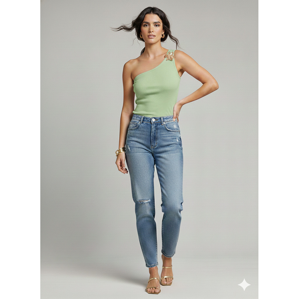 Blusa Ombro só Canelado Fivela Flor Feminina Nula Manga Elegante Tendência Verão Casual Social Moda