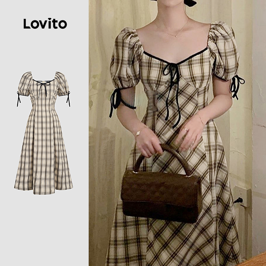 Lovito  Vestido Vintage com Amarração Colorblock Primavera/verão para Mulheres L171ED166 em Oferta na Shopee