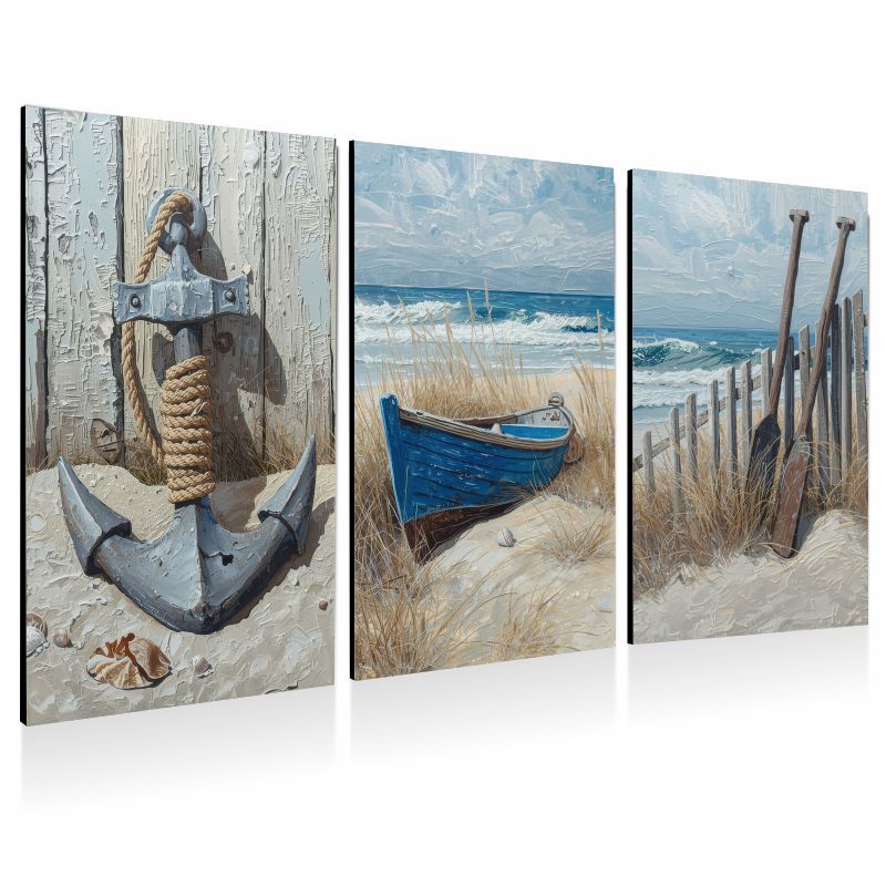 Trio de Quadros Náutico Praia Âncora Barco Decoração Coastal
