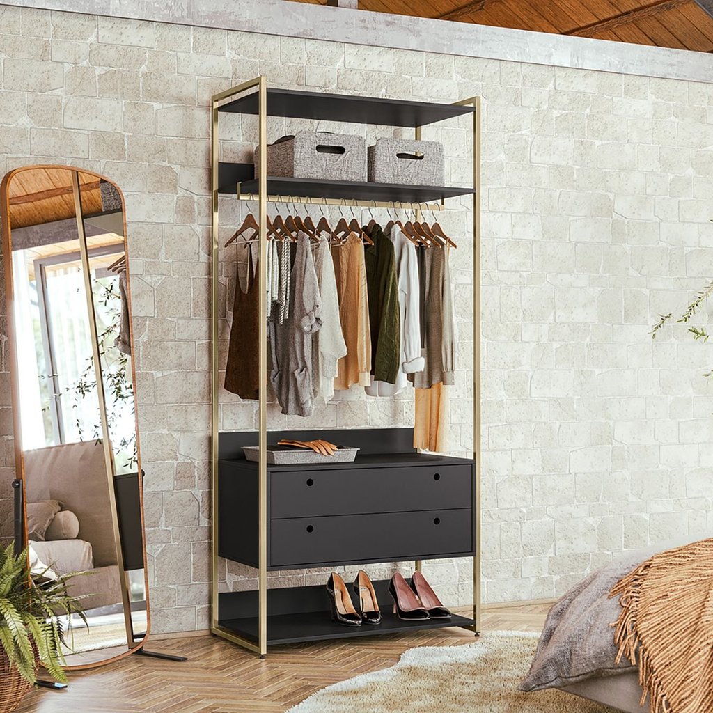 Modulo Closet Industrial com Cabideiro 2 Gavetas 89cm - Estrutura Metálica Moderna Preto Preto