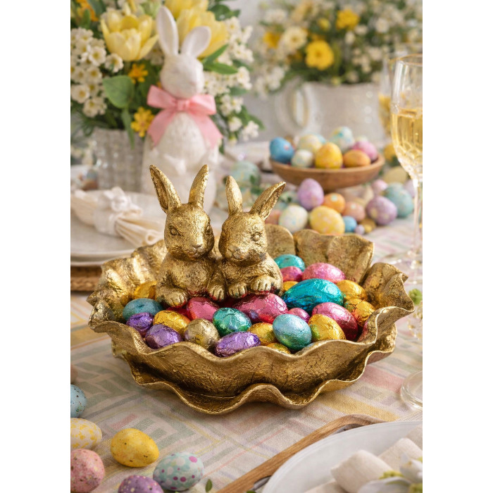 Bandeja Decorativa Coelhos Páscoa Dourado em Resina - 25cm