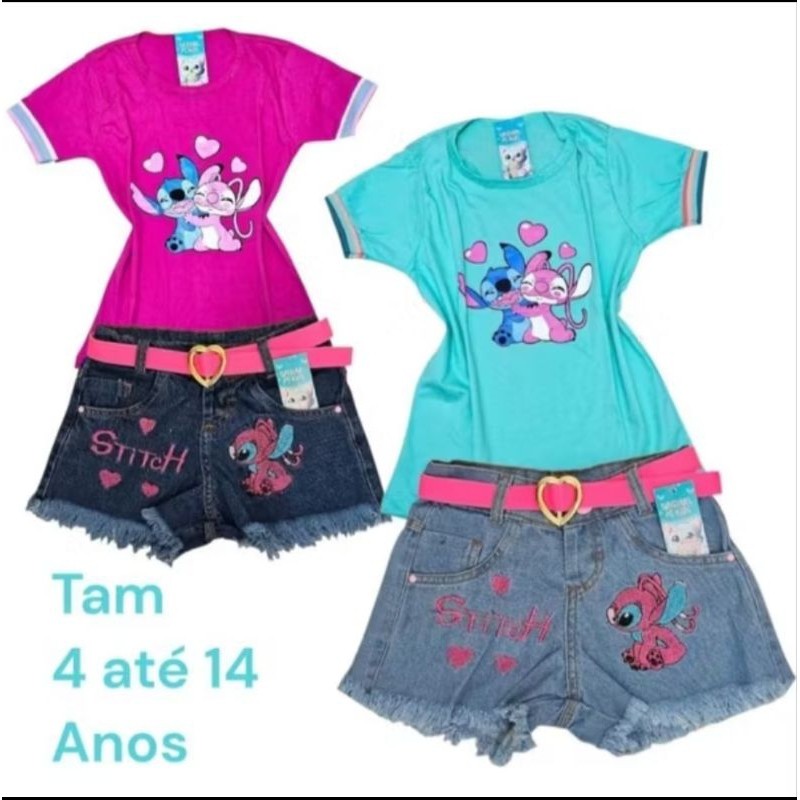 conjunto jeans stich infantil short e blusinha no 2 4 6 8 10 12 14 16 anos roupa infantil menina juvenil infantil