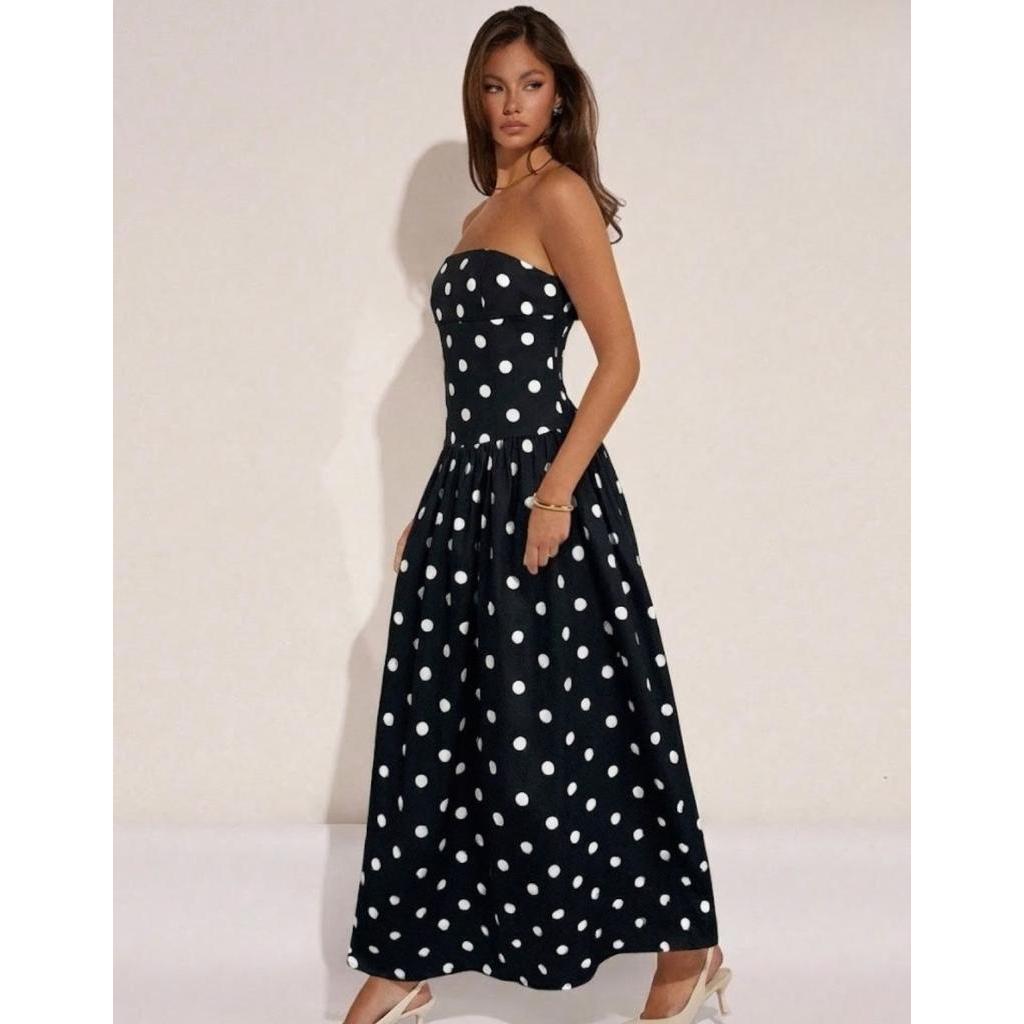 Vestido Feminino Longo Tomara Que Caia Poa Bolinha Lastex Soltinho Elegante em Oferta na Shopee