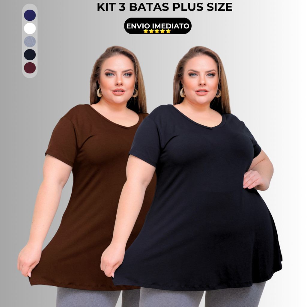 Kit 2 Blusas Camisetas Bata Plus Size Feminina Soltinha Evasê Até o G3 em Oferta na Shopee