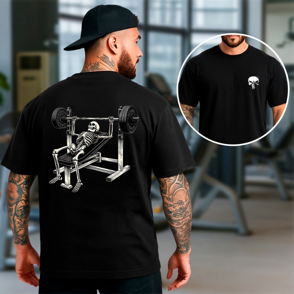 Camiseta Oversized Ou Básica Caveira Academia Estampa Esqueleto Supino Streetwear Promoção Envio rapido
