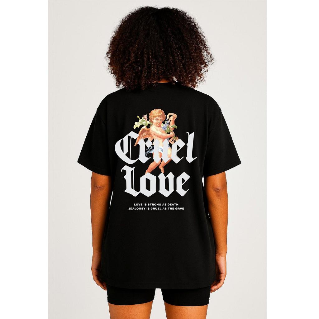 Camiseta Feminina Streetwear Algodão Penteado Infantil Adulto Plus Size Estampa Cruel love anjo swag Moda Estilo Rua