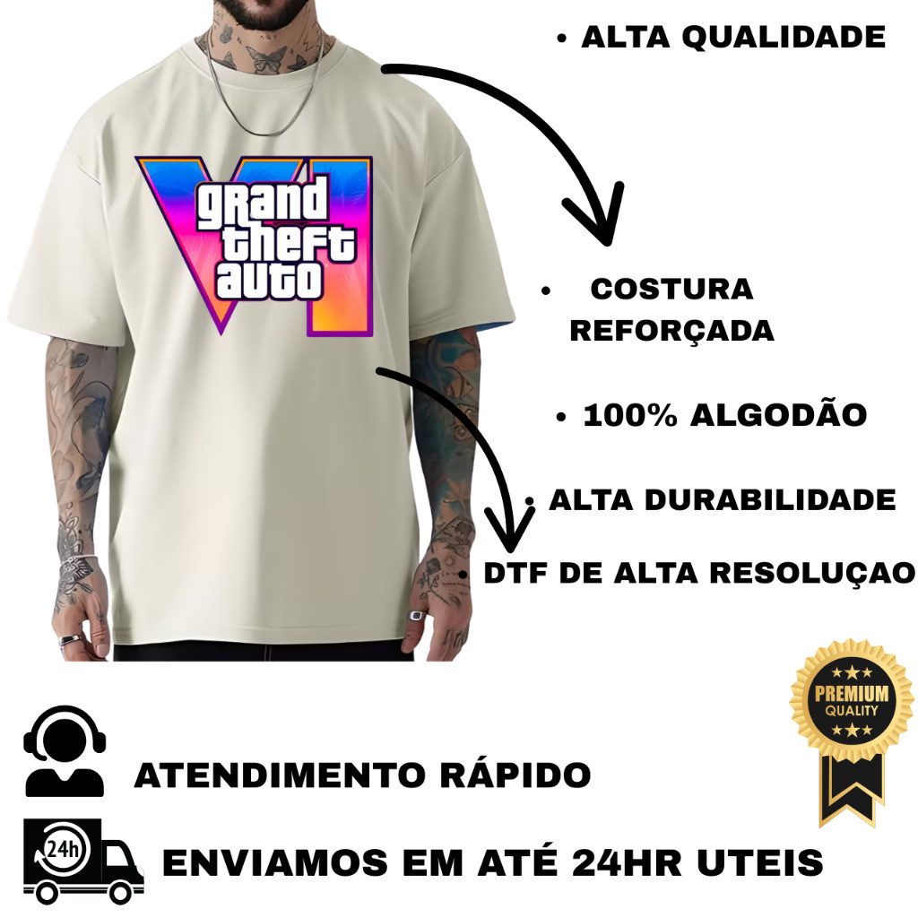 Camiseta Oversized Gta 6 Camisa Streetwear Estampada Grand Theft Auto 6 Lançamento Tendencia P ao GG
