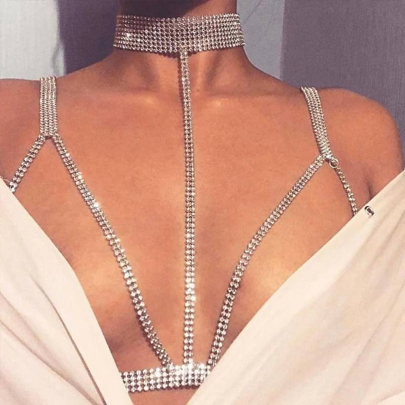 Top Sutiã Manta de Strass - tiras plasticas de silicone - Bodychain