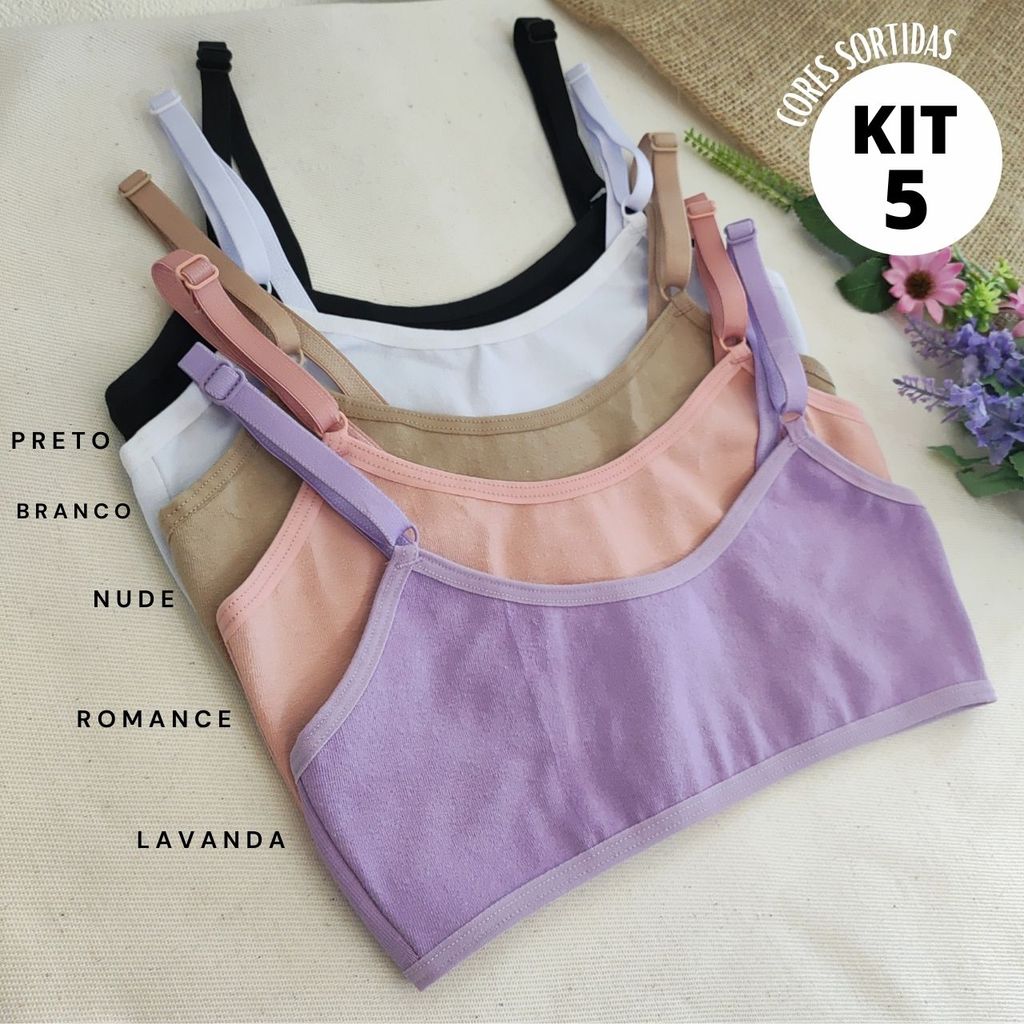 Kit 5 Sutia Algodão Infantil Soutien Juvenil Menina Moça Maya Sem Bojo Liso Básico Usar c/ Uniforme Promoção