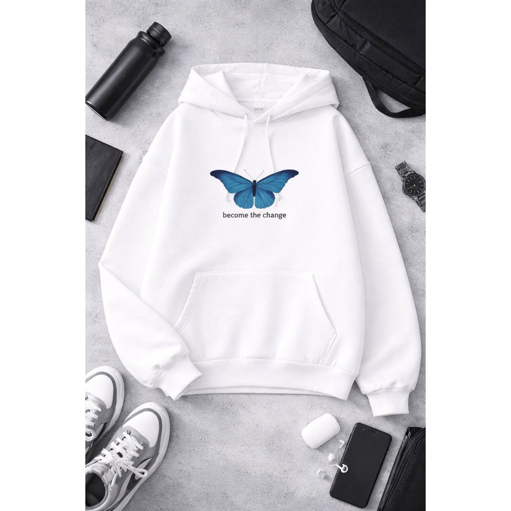Moletom Unissex Borboleta Canguru Estiloso Become The Change Moderno Fancy