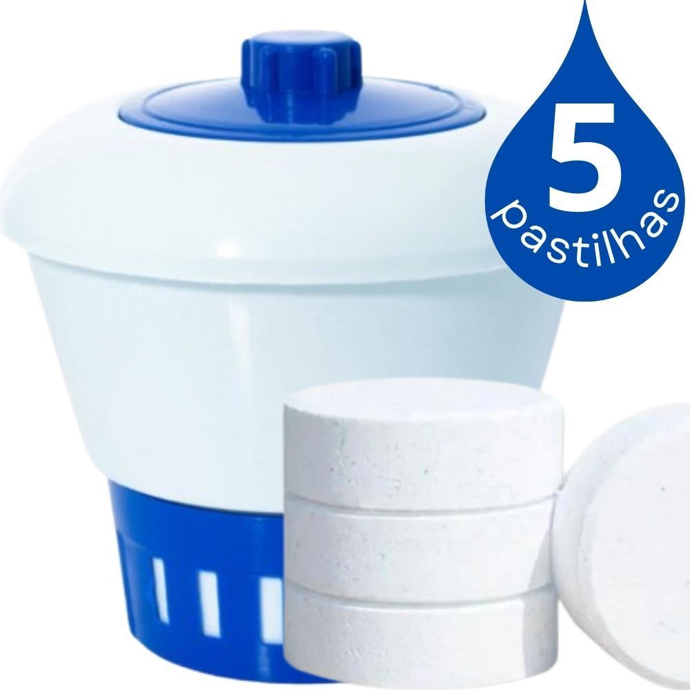 Clorador Flutuante + 1 kg Cloro Pastilha Piscina - 5 Pastilhas + Dosador de Cloro para Piscinas
