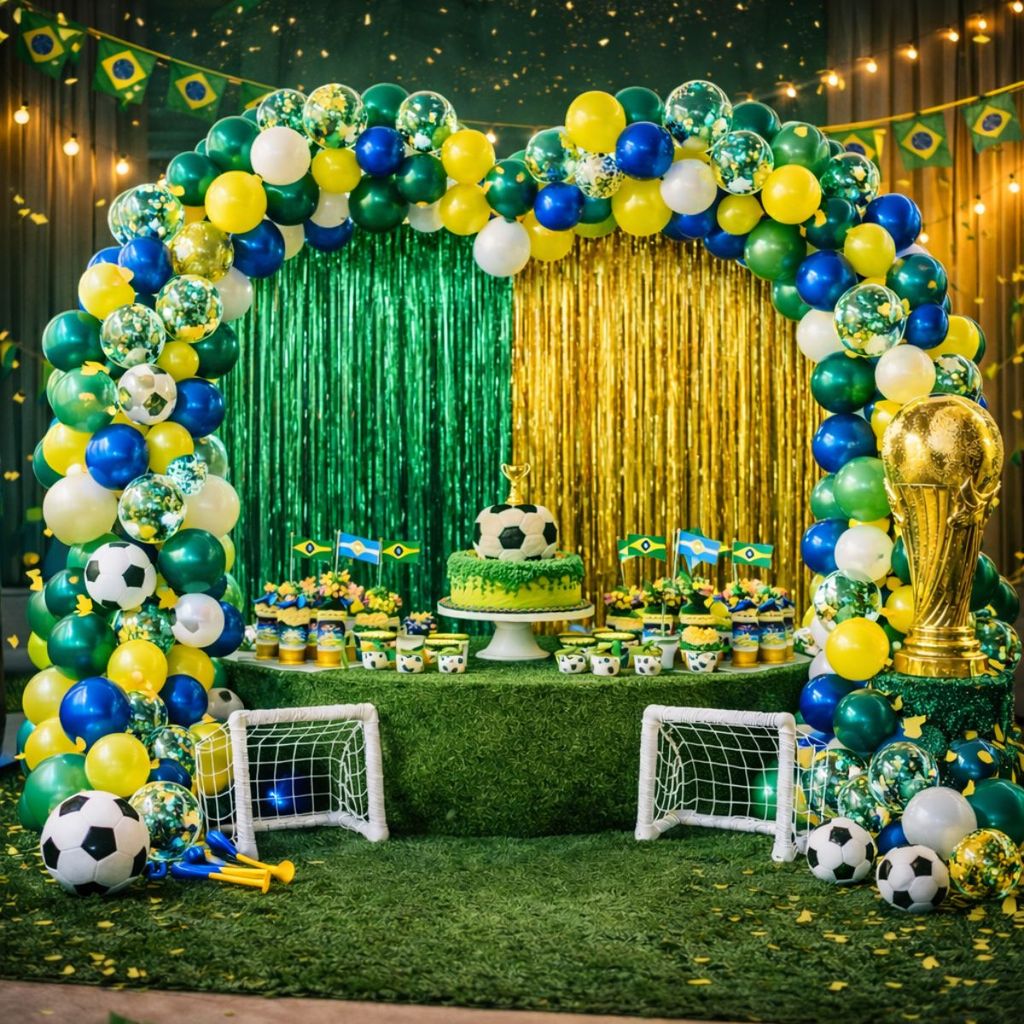Kit 115 Balões + 02 Cortinas Metalizadas Festa Copa Do Mundo 2026 Brasil Seleção Brasileira Bexiga