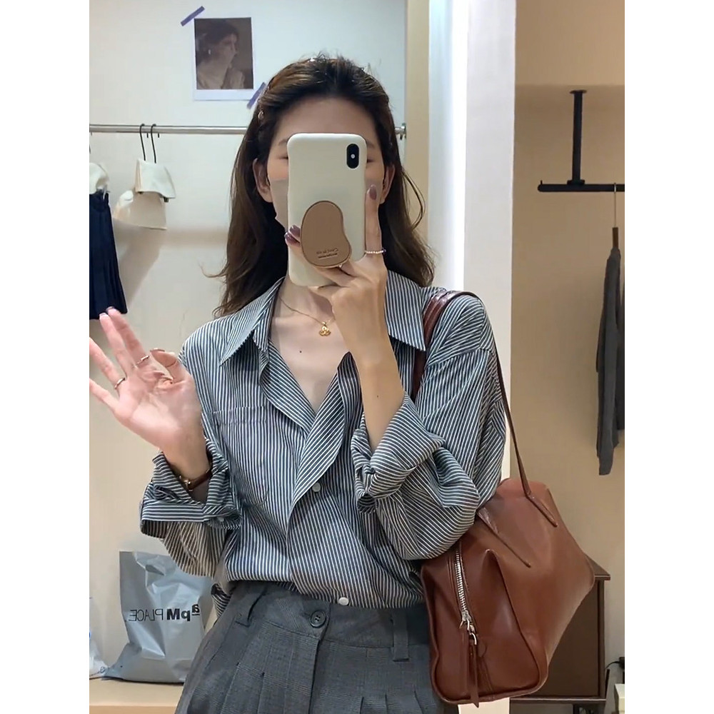 Francês contraste cor listrado gola polo lapela camisa feminina outono inverno exterior Wear High-End pequena camisa úni