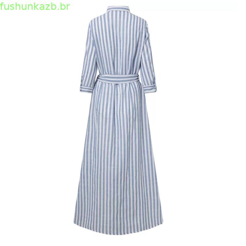 Vestido de csa de linho vintage feminino, vestido longo casual listrado, vestido de renda feminino com manga 3/4, moda 