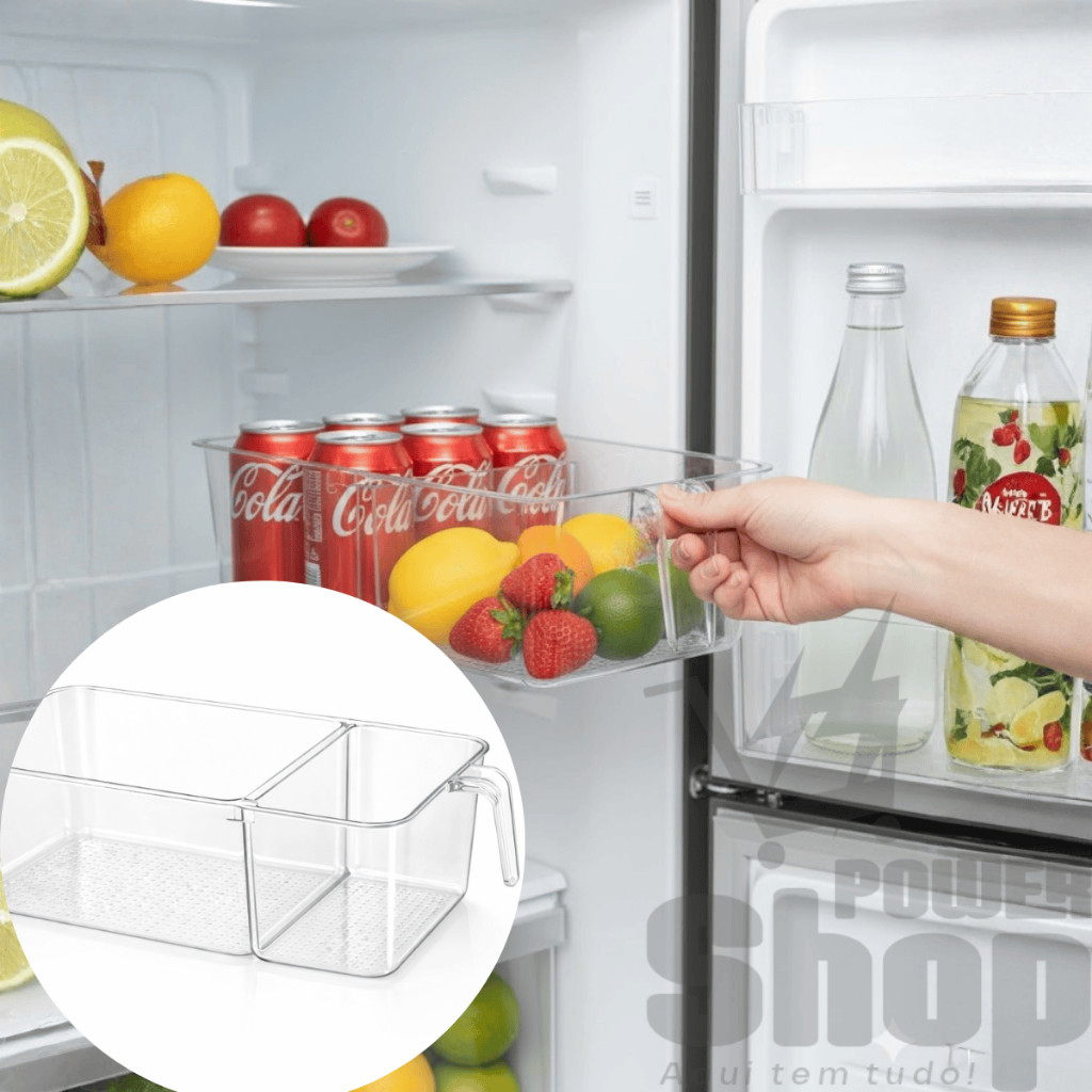 Organizador de Geladeira com Alça e Divisória Caixa Organizadora de Geladeira Multiuso