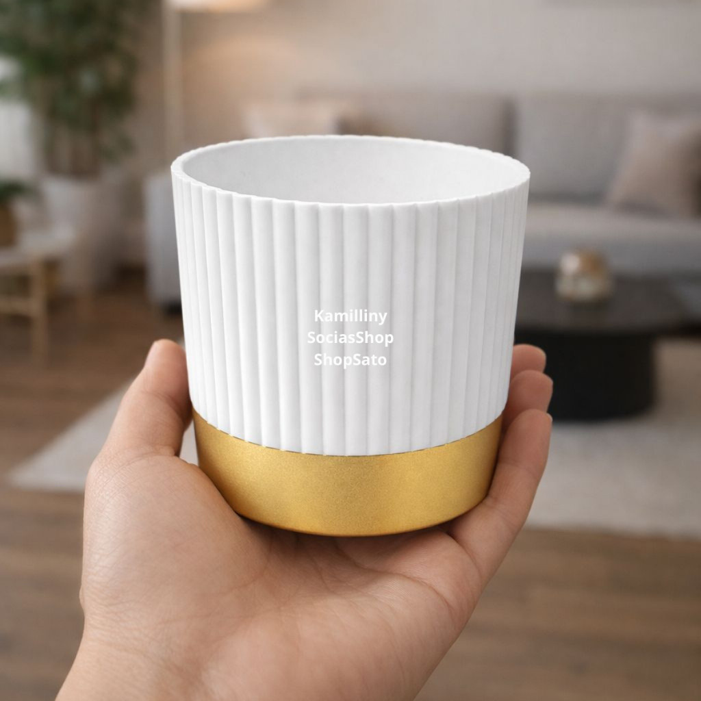 Vaso Cachepot Canelado Branco Com Borda Dourada Redondo De Plástico Para Enfeites Para Arranjos Plantas Flores Mesas