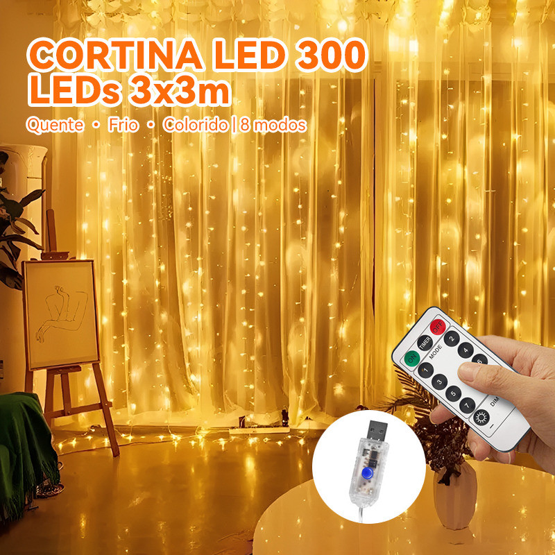 Cortina LED 300 Leds KIT 1-4 Unidades 3x3m USB 8 Modos Quente Fria Colorida Decoração Natal Festa em Oferta na Shopee