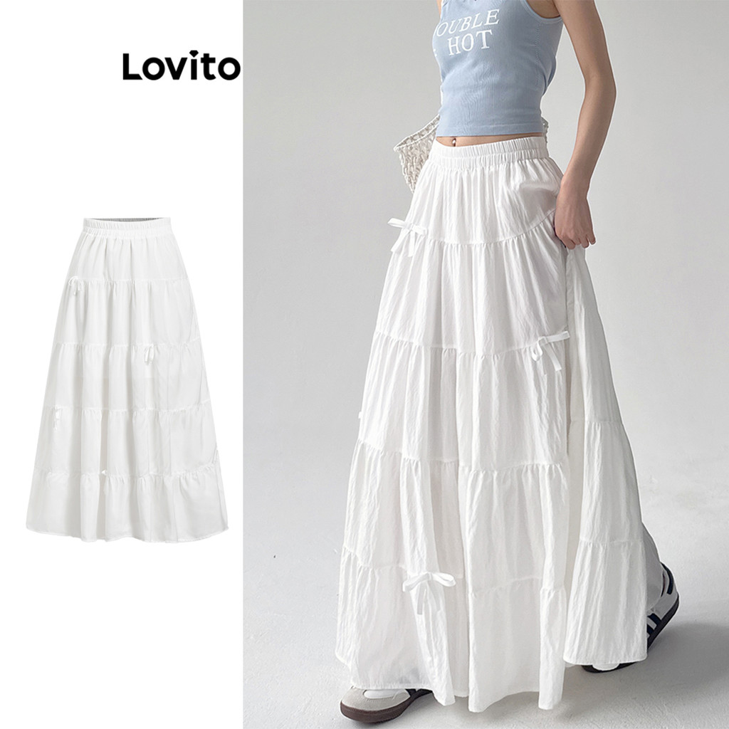 Lovito Saias Românticas Com Laço Liso E Babados Em Cascata Para Mulheres L98AD095 em Oferta na Shopee