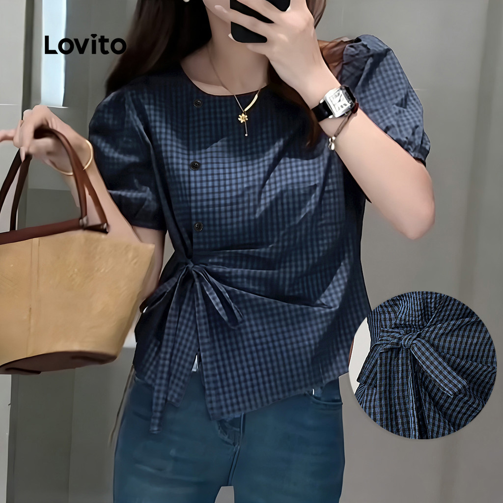 Lovito  Blusa Casual Assimétrica Laço Primavera/verão Azul Marinho Blusa para Mulheres L172LD1432