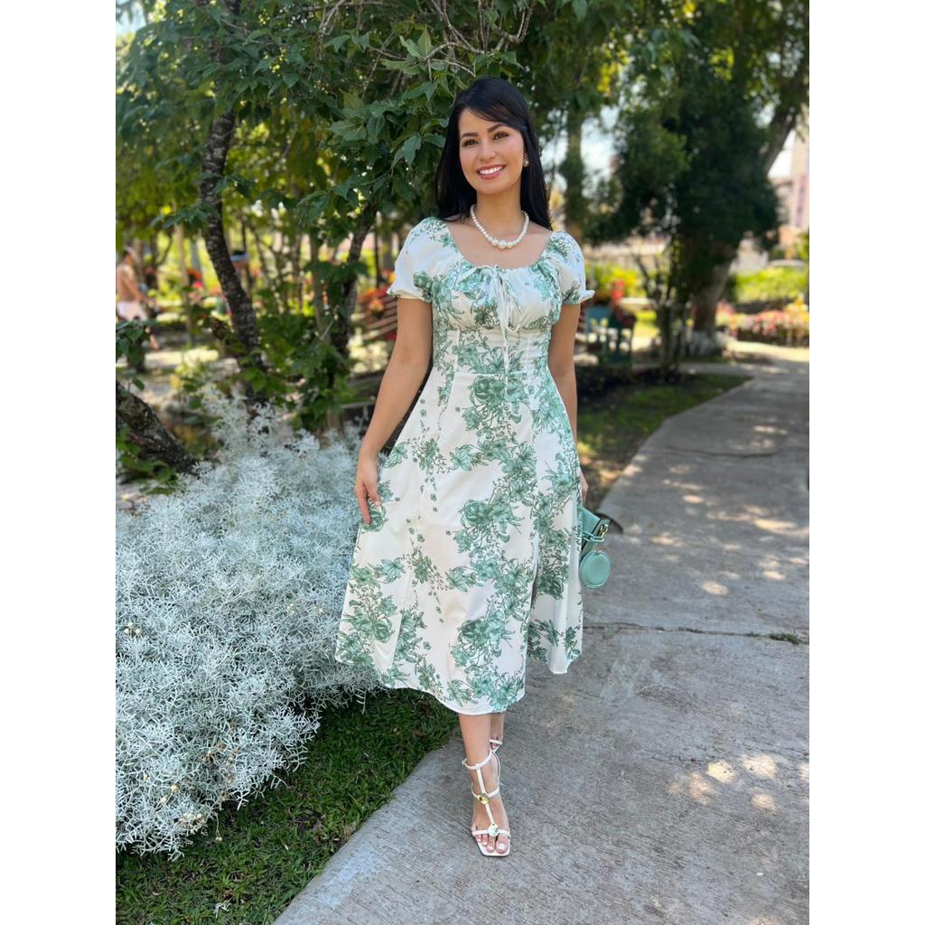 Vestido rodado crepinho max midi com fenda moda evangélica