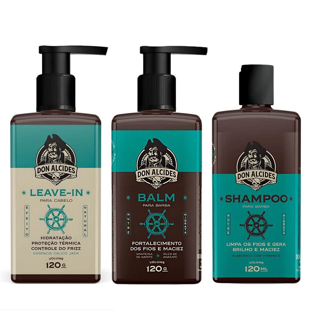 Kit Shampoo e Balm para Barba + Leave-in para Cabelo Don Alcides Calico Jack