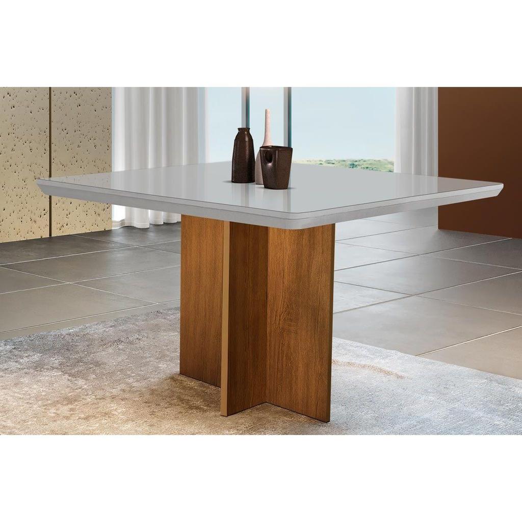 Mesa de Sala Jantar Berlim c/Tampo Madeirado Vidro Canto Reto 90x90cm Off White/Imbuia-Vidro Off White - Rufato em Oferta na Shopee