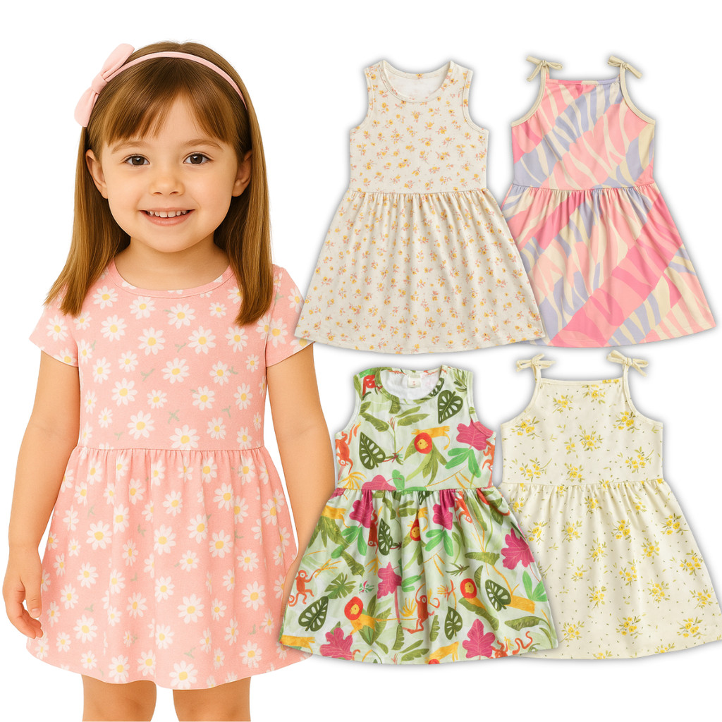 Kit 2 Peças Vestido Estampado Roupa Infantil Juvenil Menina Estação Verão Feminino