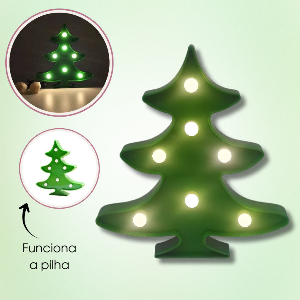 Árvore de Natal Luminária com Led a Pilha de Mesa ou Pendurar Verde Decoração Natalina Plástico 22cm
