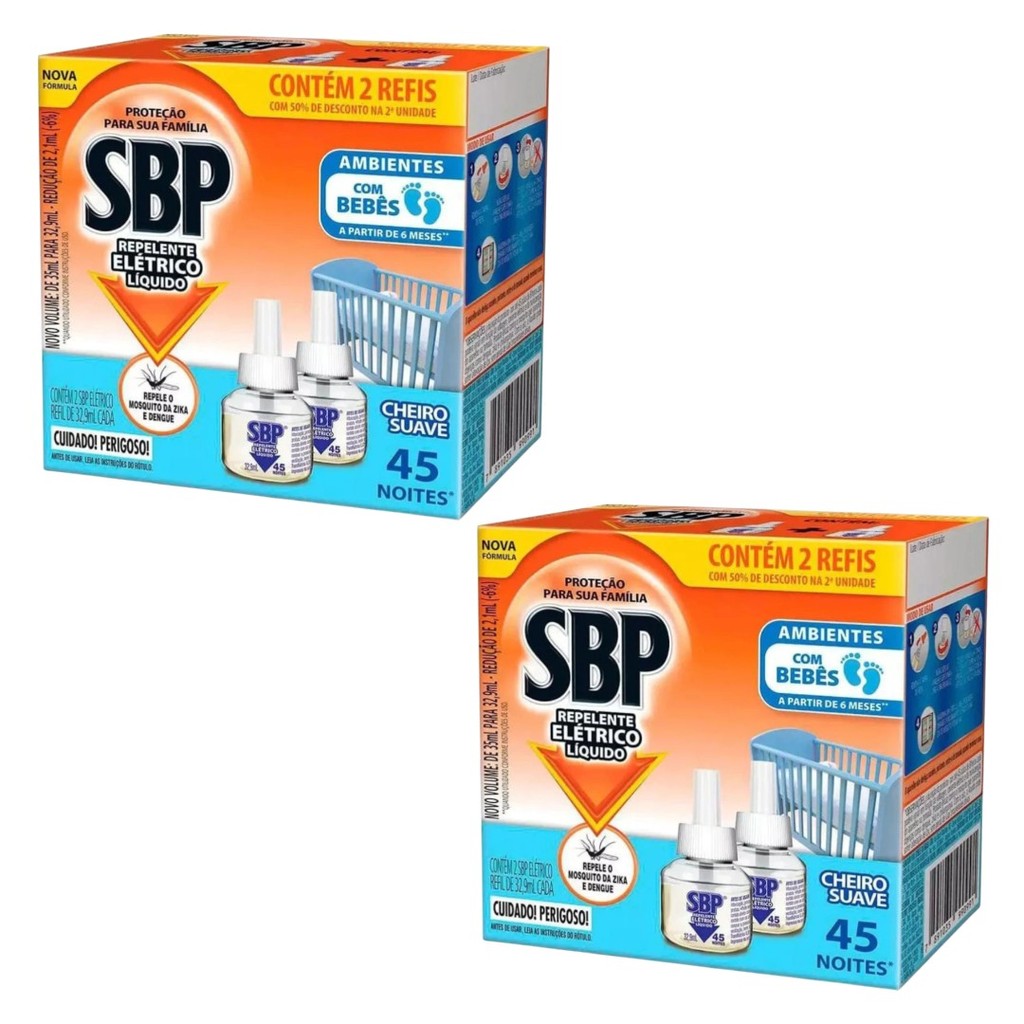 Kit 2 Refil Repelente Elétrico Líq. 4un 32,9ml Cheiro Suave - SBP