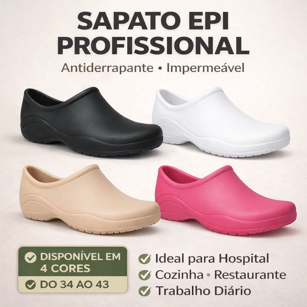 Sapato Fechado Profissional Impermeável Antiderrapante Hospitalar Enfermagem epi Disponível do 34 ao 43
