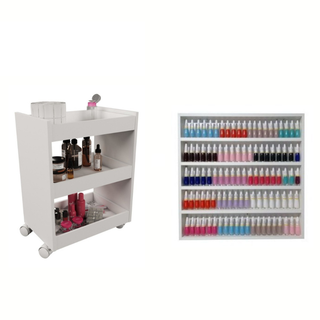 Carrinho Auxiliar Salão Beleza Bandejas Multiuso P/ Estética + Expositor de Esmaltes