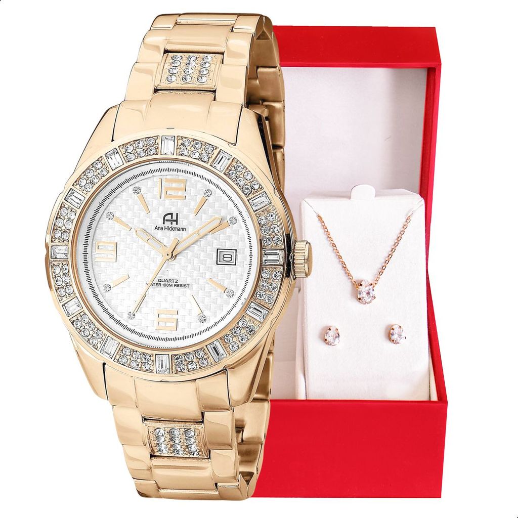Relógio Champion Ana Hickmann Analógico Prova D'Água Aço Rosé AH20113Z Kit Colar e Brincos
