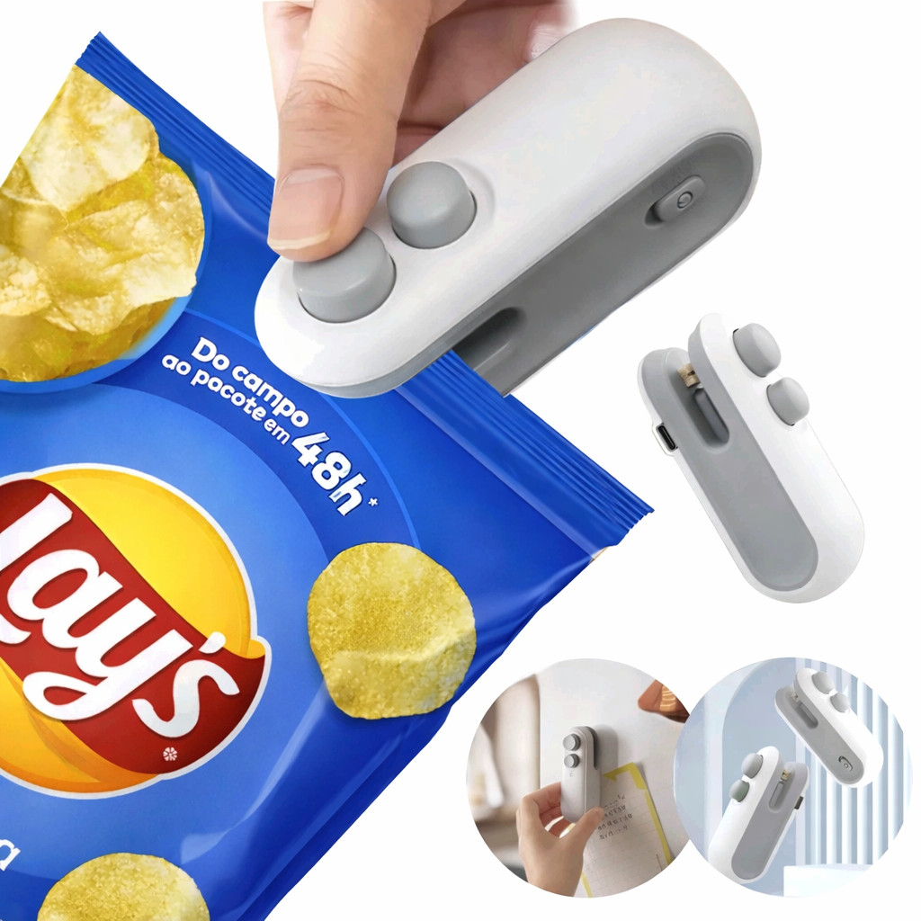Mini Selador e Cortador Portátil 2 em 1 Selador Elétrico e Cortador Compacto para Sacos Plástico Recarregável Por USB