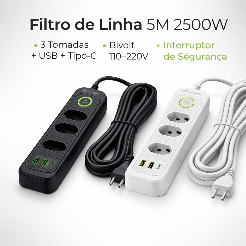 Filtro de Linha 5 Metros 2500W com 3 Tomadas + 2 USB + 1 Tipo-C Bivolt com Interruptor em Oferta na Shopee