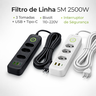Filtro de Linha 5 Metros 2500W com 3 Tomadas + 2 USB + 1 Tipo-C Bivolt com Interruptor em Oferta na Shopee