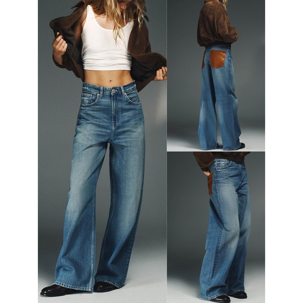 ZA Novo produto feminino elegante All-Match cintura alta perna larga couro bolso Jeans 5252011