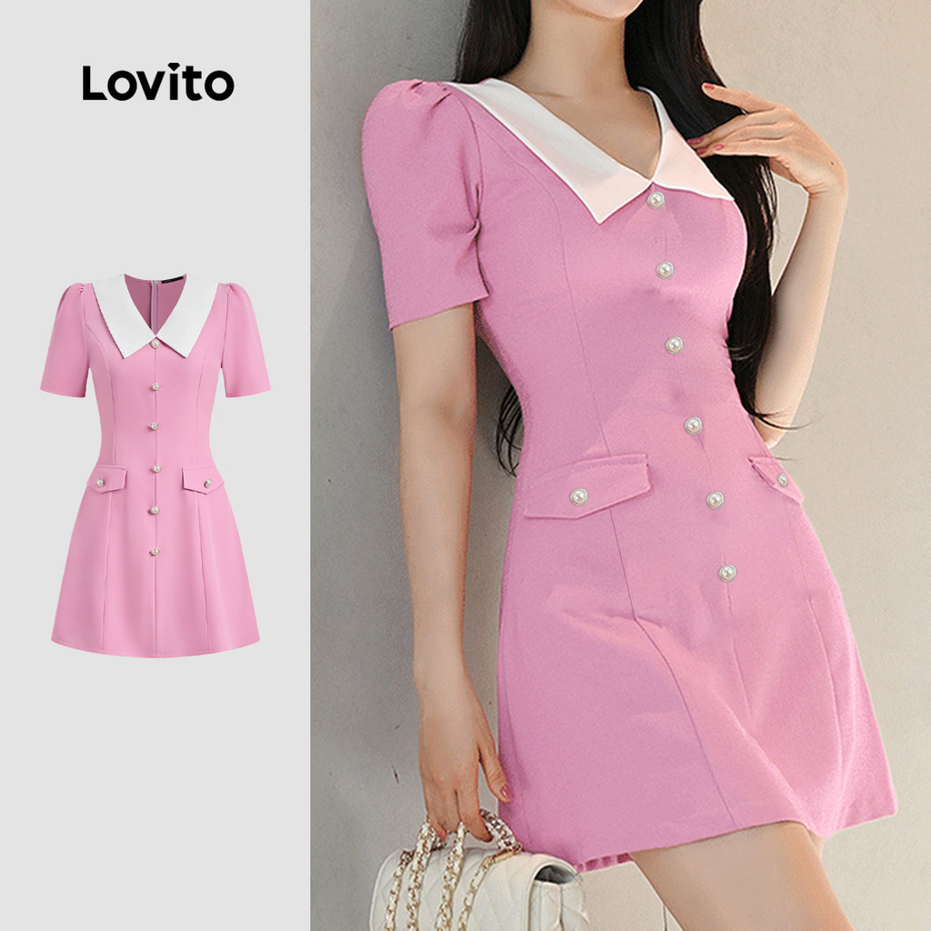 Lovito  Vestido Rosa Primavera/verão com Botões Colorblock para Mulheres L171ED573 em Oferta na Shopee