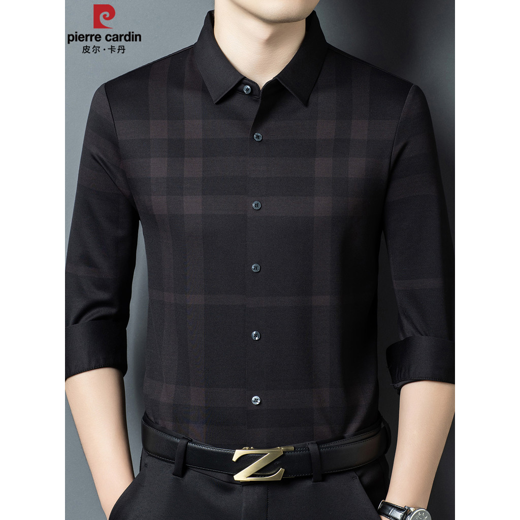 Pierre Cardan 2025 novo estilo High-End camisa de manga comprida masculina grossa listrada xadrez de meia-idade camisa s