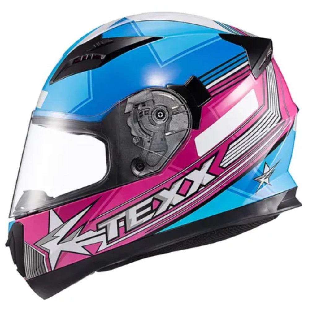 Capacete Moto Texx Strike Superstar Azul Rosa Branco Brilho