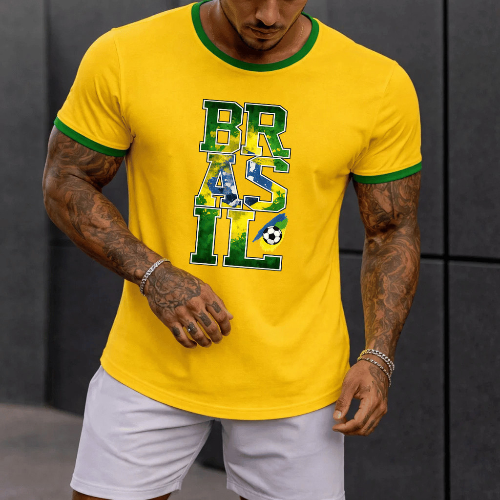 Camiseta Masculina Algodão Brasil Br Copa Estampada 100% Algodão Premium Blusa Camisa Casual Streetwear Verão