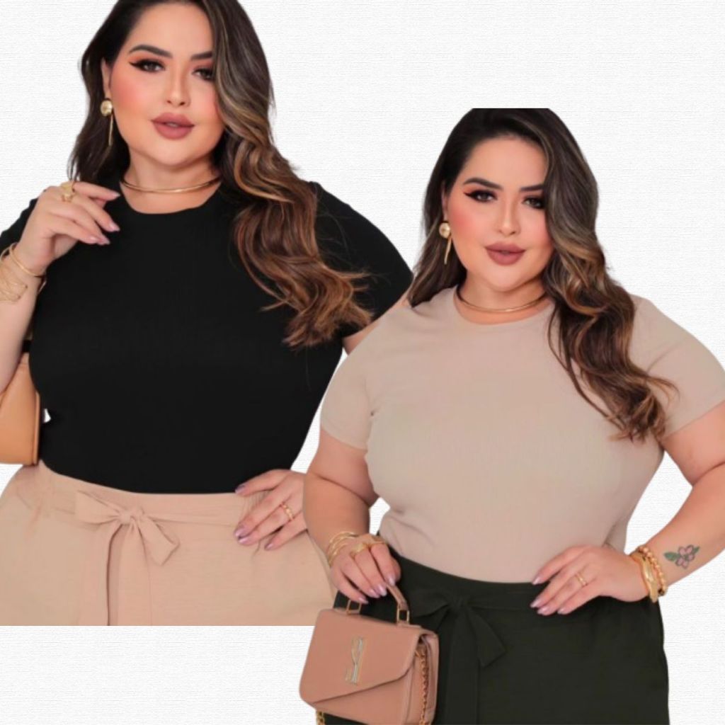 Kit 2 Blusinha Manga Curta Plus Size Estilosa Casual Blusa Ribana Premium P005 em Oferta na Shopee