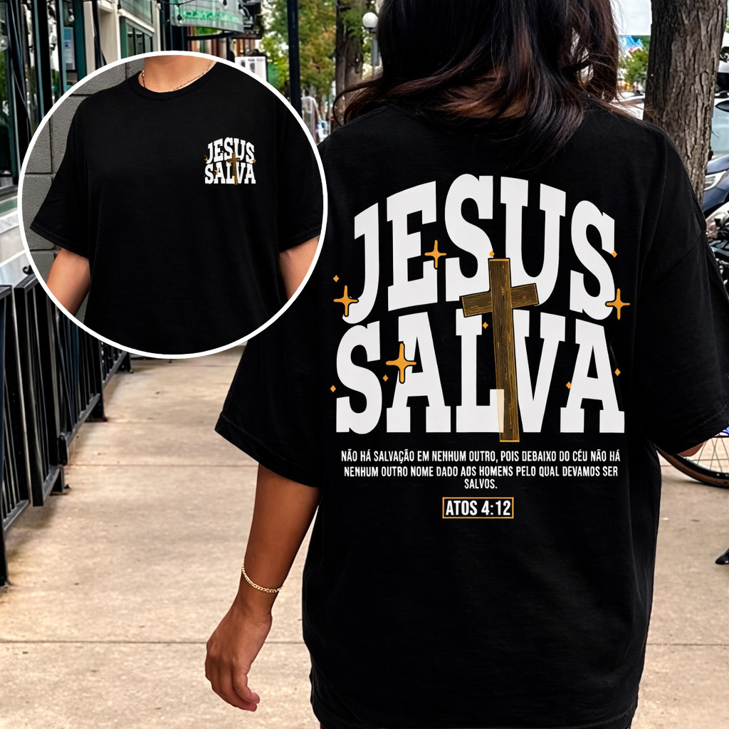 Camiseta Oversized Streetwear Feminina e Masculina Jesus Salva Blusa Gola Canelada Cristã Premium